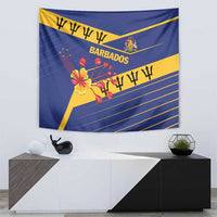 Blue Barbados wall tapestry with yellow diagonal bands, flower bouquet, crest, and Barbados text.