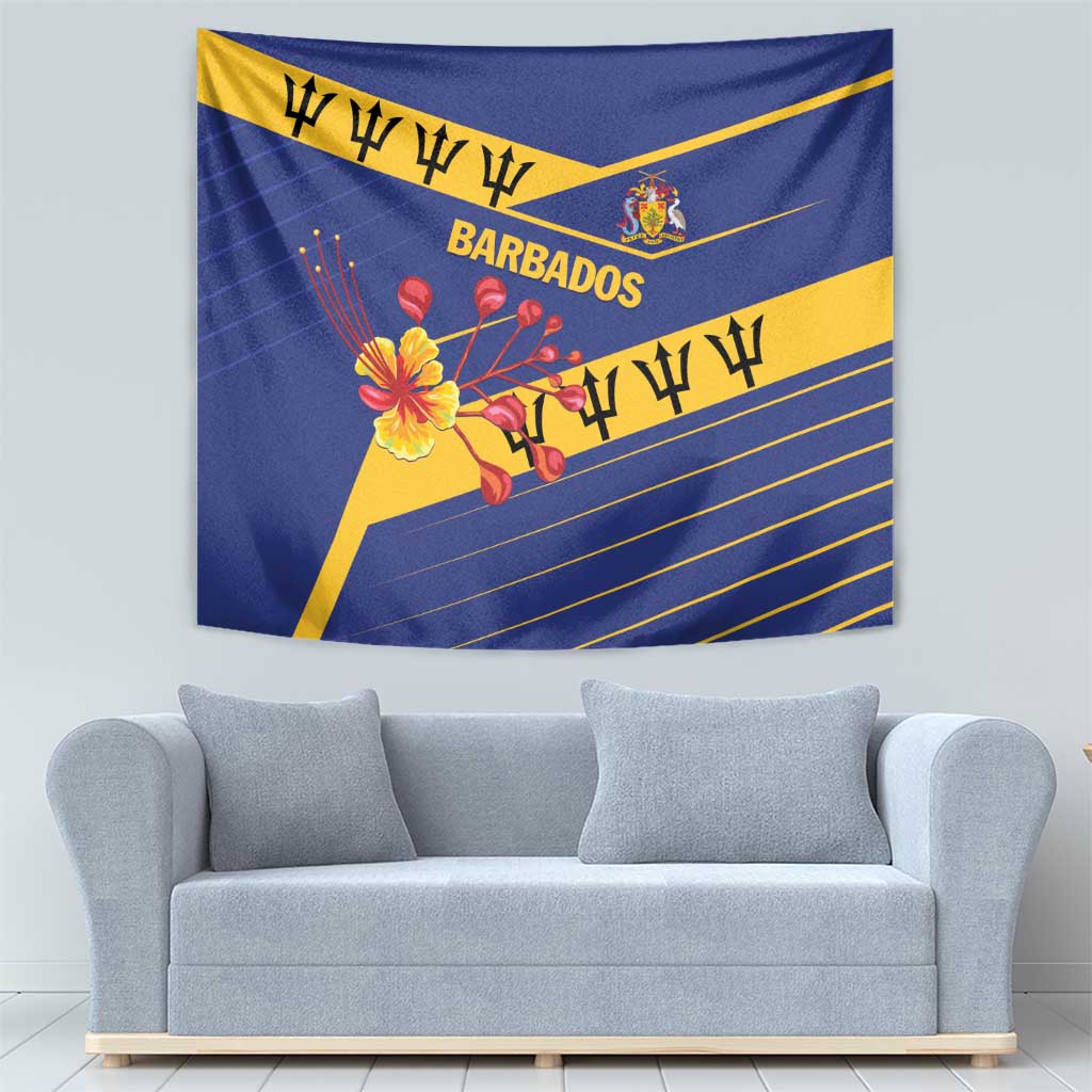 Blue wall tapestry with Barbados name, yellow flag elements, floral motif, and coat of arms.