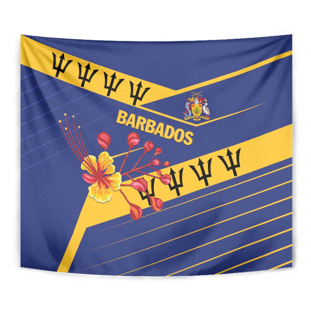 Blue Barbados wall tapestry with yellow diagonal band, floral emblem, crest, and lettering.