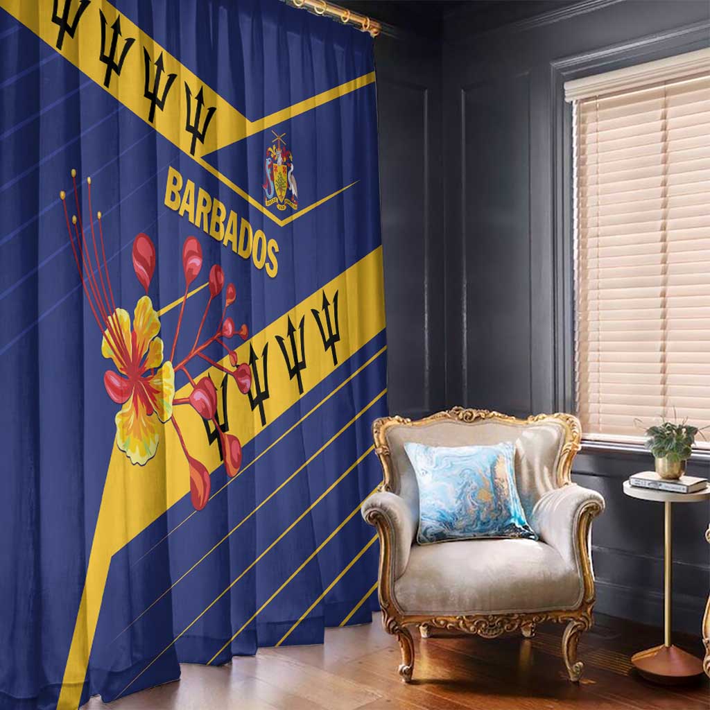 Blue window curtain pair with yellow diagonal stripes and Barbados crest and flowers