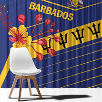Blue curtain panel with large Barbados text, yellow flower, and red heart accents