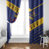 Blue curtains with yellow diagonal stripe and partial Barbados crest near a white door
