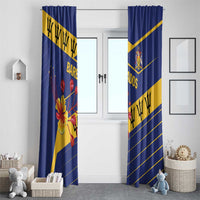 Blue and yellow Barbados-themed window curtains with grommet-style top and bold diagonal design