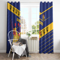Blue window curtains with yellow diagonal stripes, Barbados crest, and floral graphic