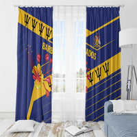 Blue window curtains with yellow diagonal stripes, Barbados crest, and striped accents
