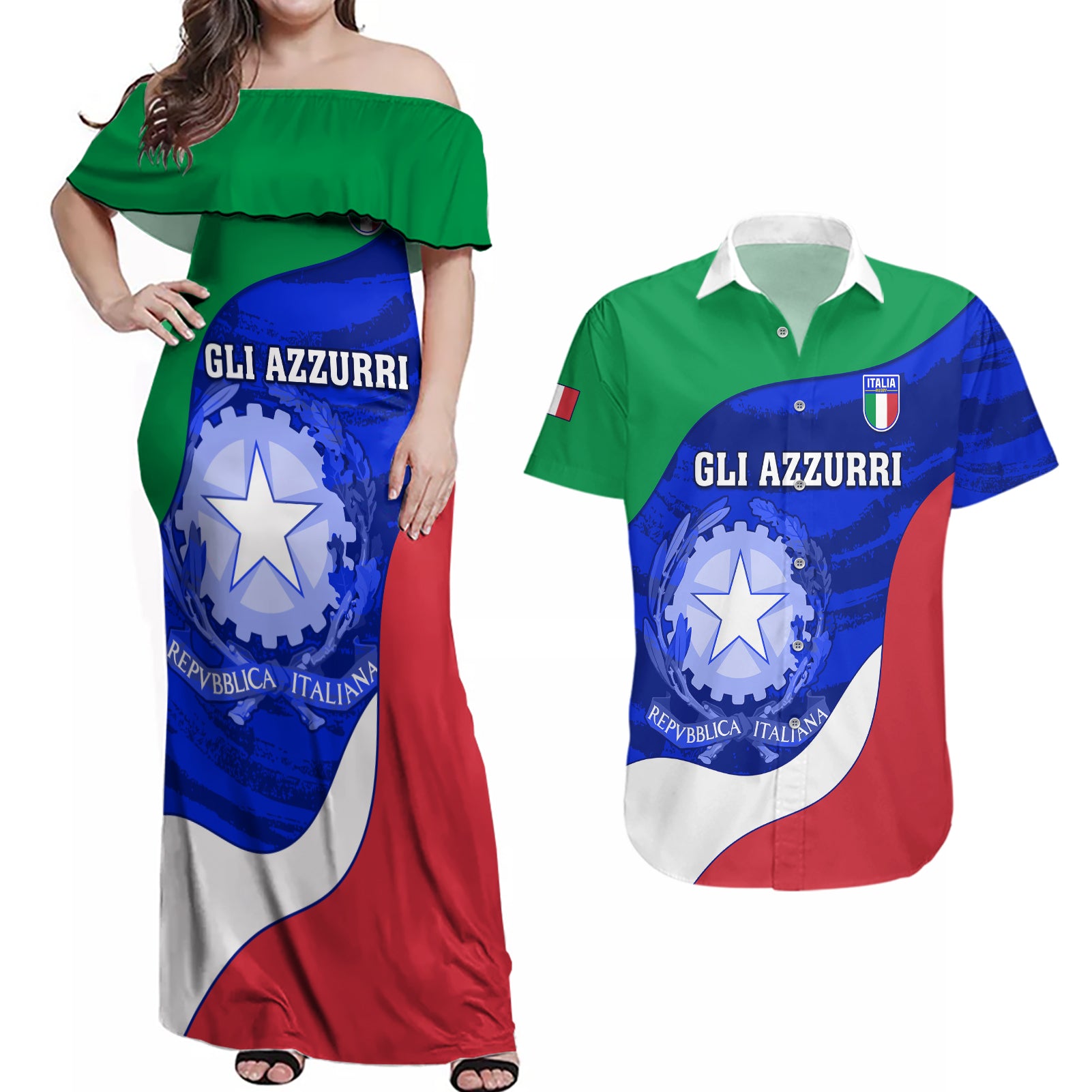 Italy Rugby Couples Matching Off Shoulder Maxi Dress and Hawaiian Shirt Forza Azzurri 2023 World Cup - Wonder Print Shop