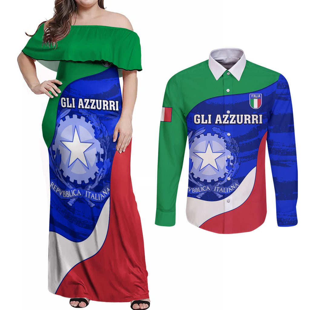 Italy Rugby Couples Matching Off Shoulder Maxi Dress and Long Sleeve Button Shirts Forza Azzurri 2023 World Cup - Wonder Print Shop