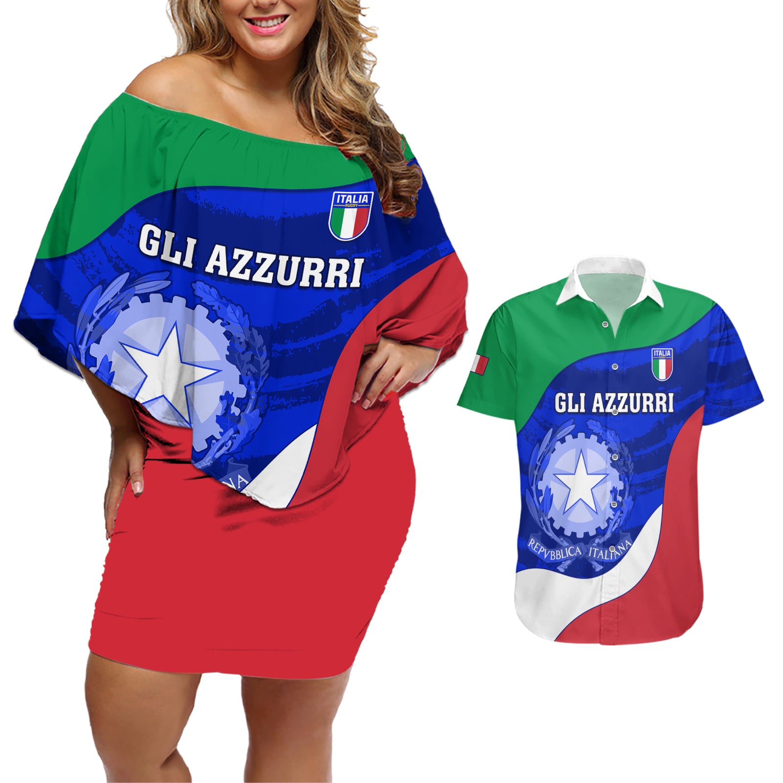 Italy Rugby Couples Matching Off Shoulder Short Dress and Hawaiian Shirt Forza Azzurri 2023 World Cup - Wonder Print Shop