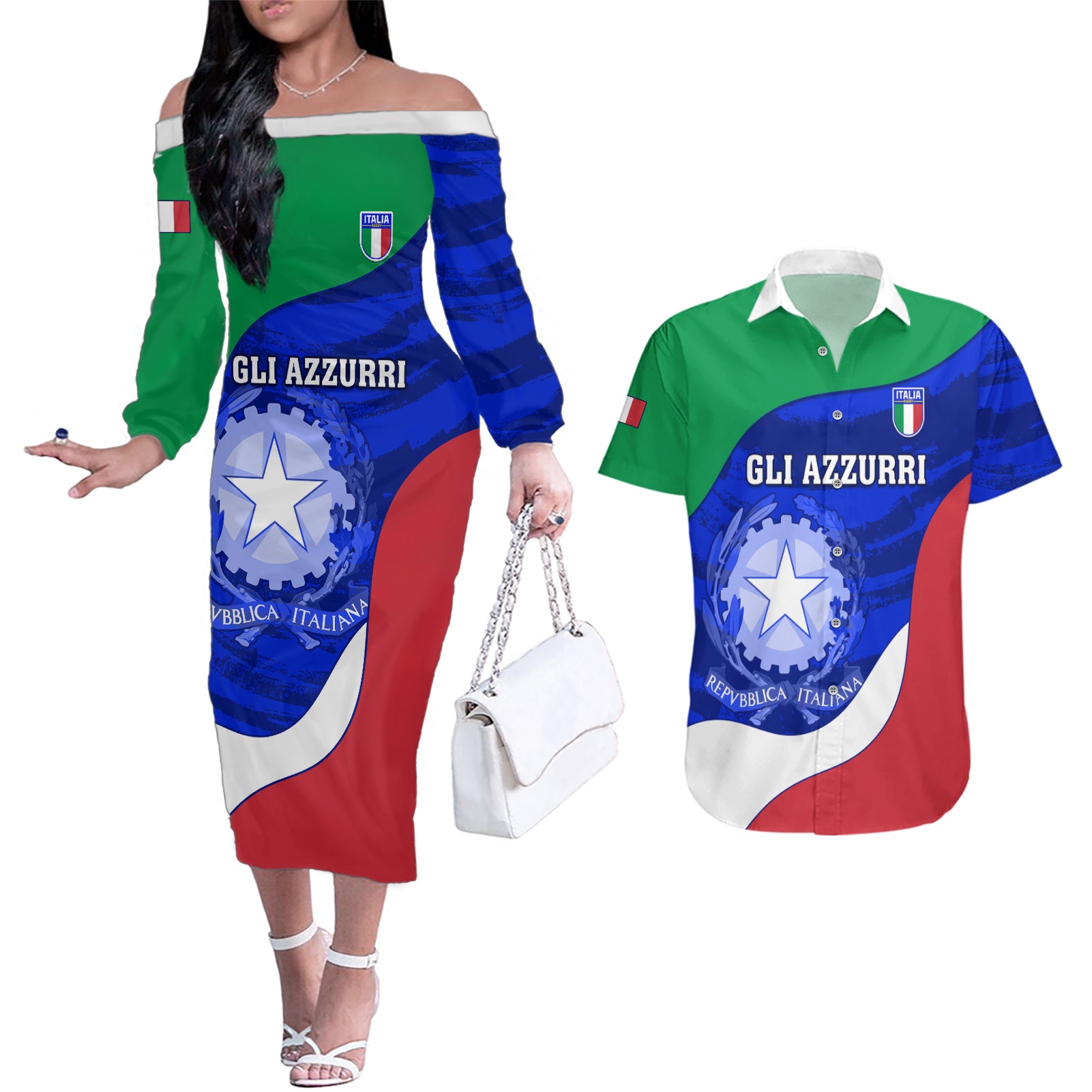 Italy Rugby Couples Matching Off The Shoulder Long Sleeve Dress and Hawaiian Shirt Forza Azzurri 2023 World Cup - Wonder Print Shop