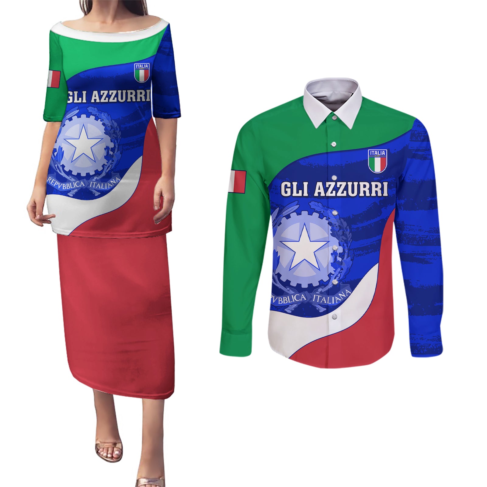 Italy Rugby Couples Matching Puletasi Dress and Long Sleeve Button Shirts Forza Azzurri 2023 World Cup - Wonder Print Shop