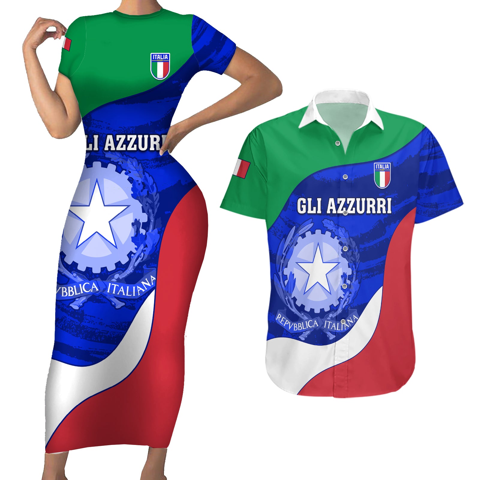 Italy Rugby Couples Matching Short Sleeve Bodycon Dress and Hawaiian Shirt Forza Azzurri 2023 World Cup - Wonder Print Shop