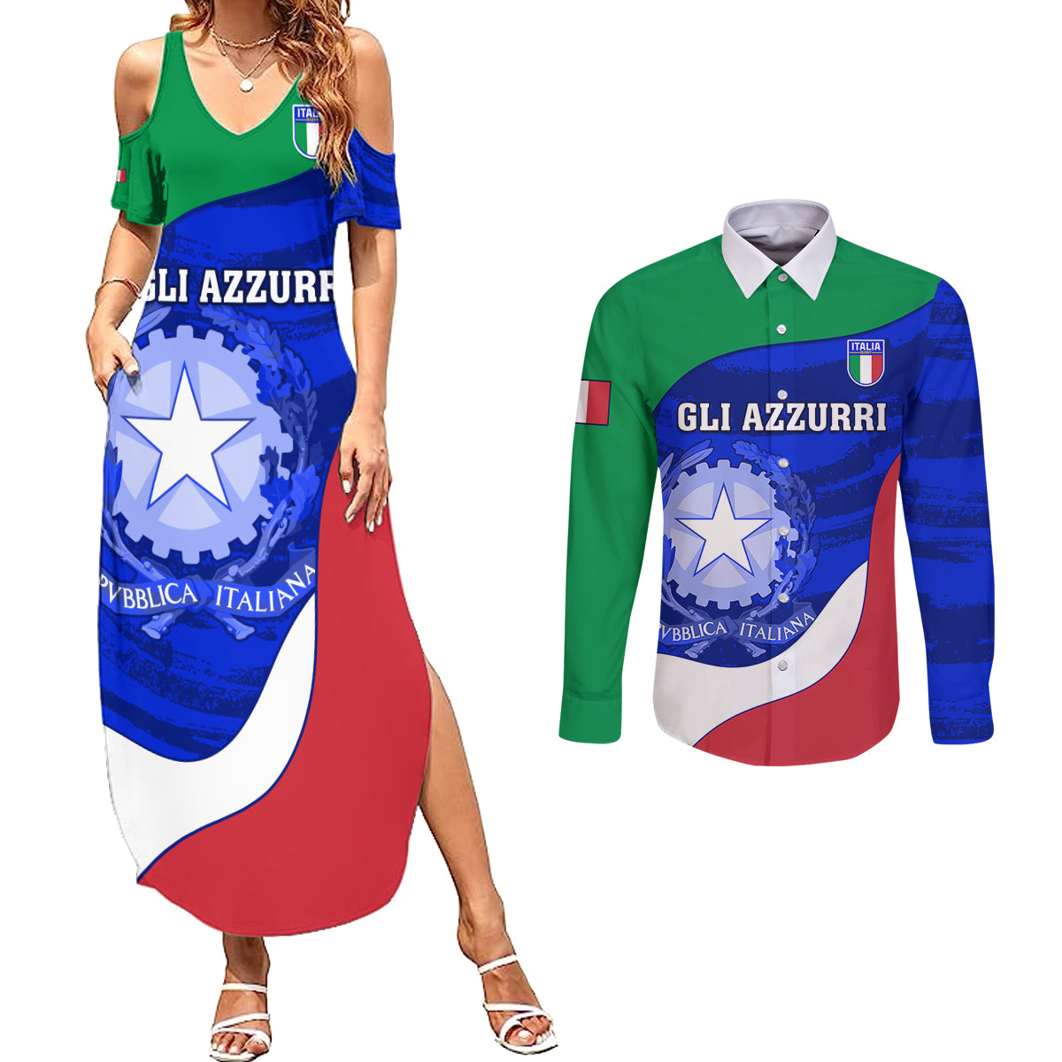 Italy Rugby Couples Matching Summer Maxi Dress and Long Sleeve Button Shirts Forza Azzurri 2023 World Cup - Wonder Print Shop