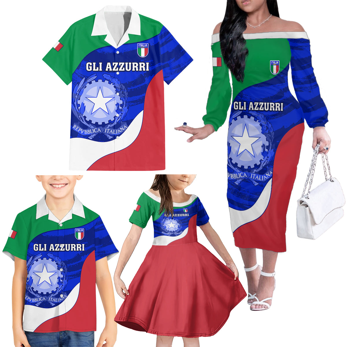 Italy Rugby Family Matching Off Shoulder Long Sleeve Dress and Hawaiian Shirt Forza Azzurri 2023 World Cup - Wonder Print Shop