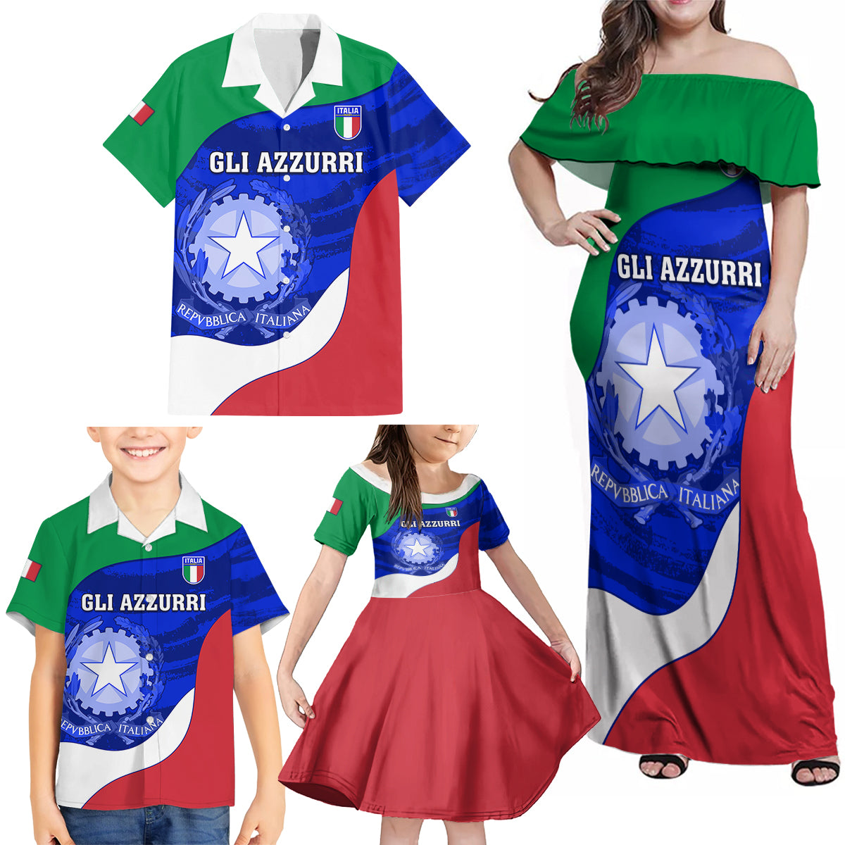 Italy Rugby Family Matching Off Shoulder Maxi Dress and Hawaiian Shirt Forza Azzurri 2023 World Cup - Wonder Print Shop