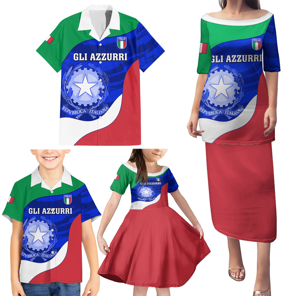 Italy Rugby Family Matching Puletasi Dress and Hawaiian Shirt Forza Azzurri 2023 World Cup - Wonder Print Shop