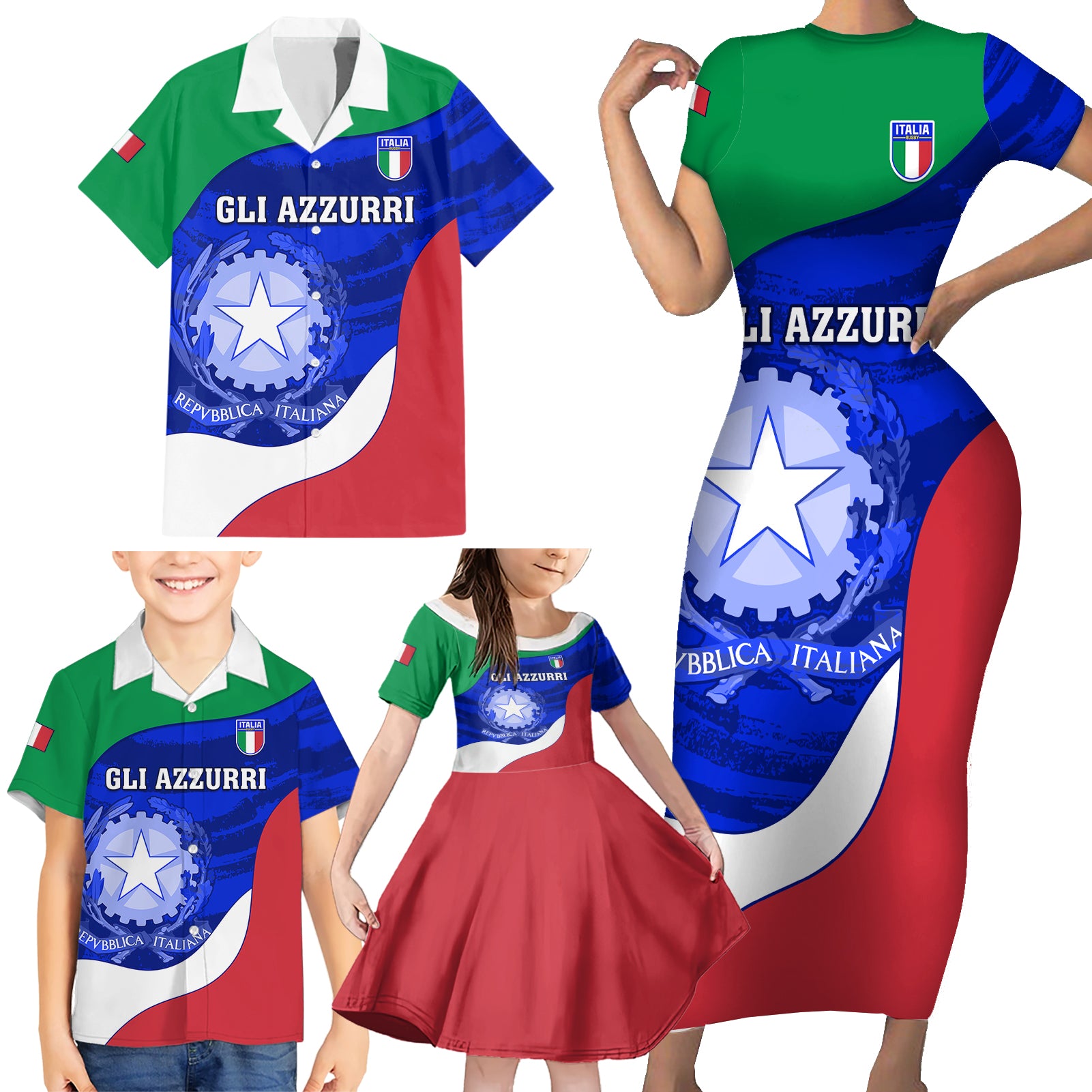 Italy Rugby Family Matching Short Sleeve Bodycon Dress and Hawaiian Shirt Forza Azzurri 2023 World Cup - Wonder Print Shop