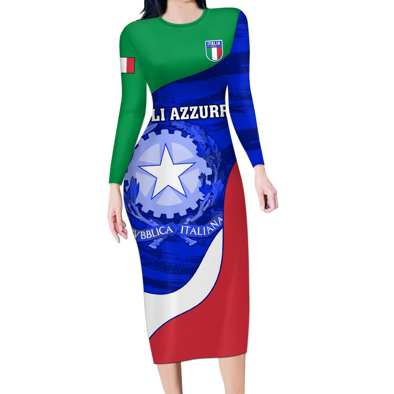 Italy Rugby Long Sleeve Bodycon Dress Forza Azzurri 2023 World Cup - Wonder Print Shop