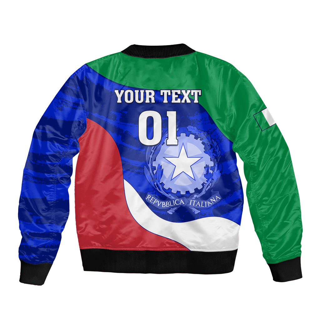 Rugby bomber jacket back with green/blue/red panels and number 01 graphic, ribbed hem