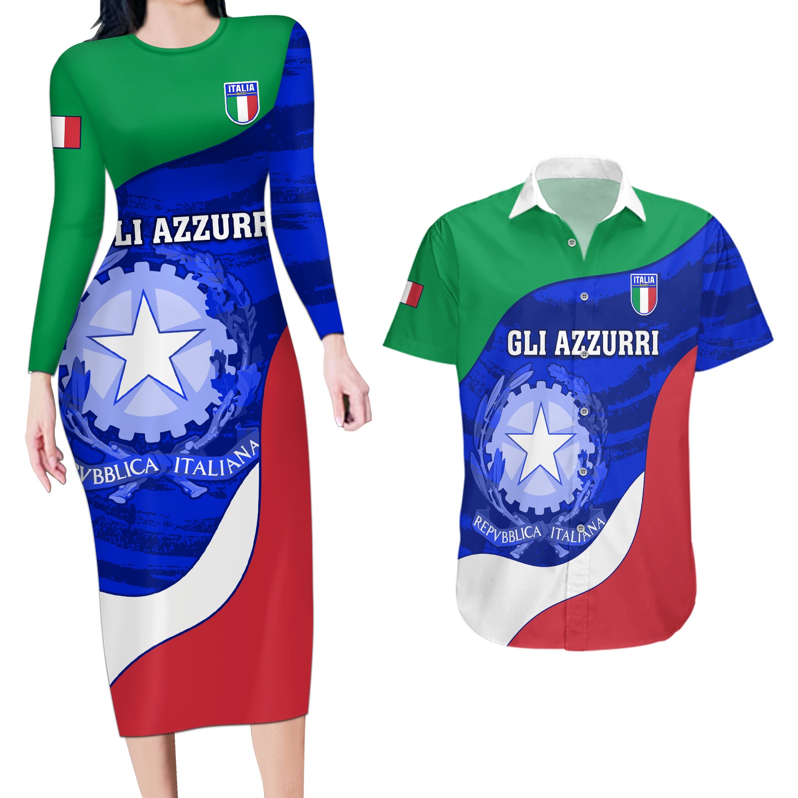 Custom Italy Rugby Couples Matching Long Sleeve Bodycon Dress and Hawaiian Shirt Forza Azzurri 2023 World Cup - Wonder Print Shop