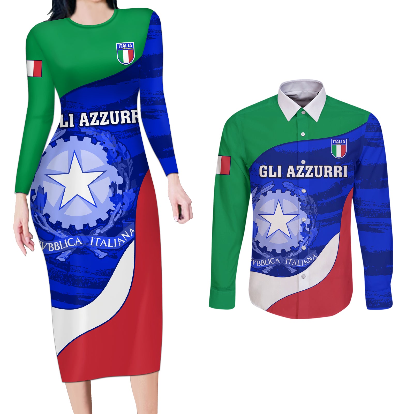 Custom Italy Rugby Couples Matching Long Sleeve Bodycon Dress and Long Sleeve Button Shirts Forza Azzurri 2023 World Cup - Wonder Print Shop