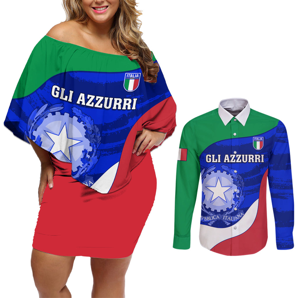 Custom Italy Rugby Couples Matching Off Shoulder Short Dress and Long Sleeve Button Shirts Forza Azzurri 2023 World Cup - Wonder Print Shop