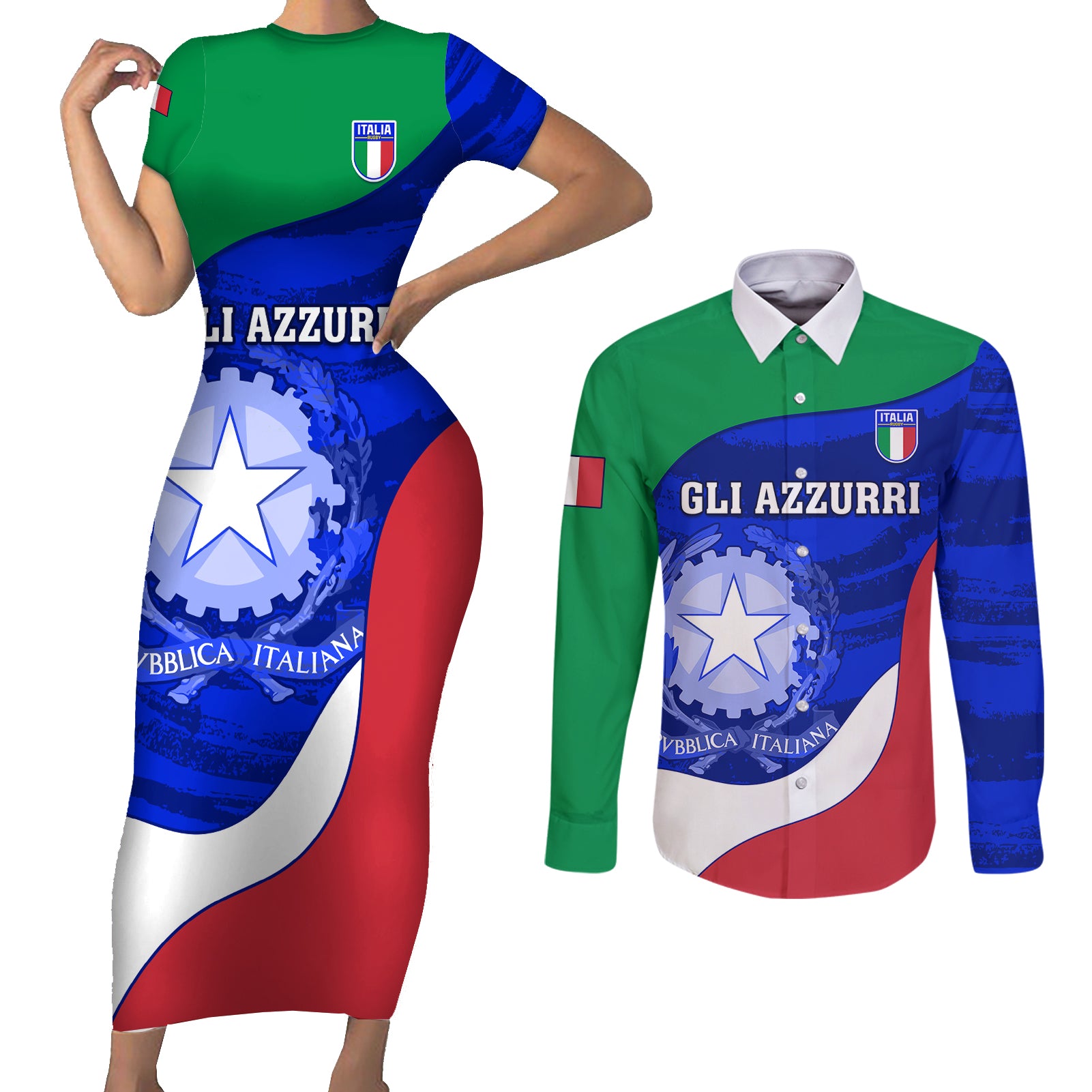 Custom Italy Rugby Couples Matching Short Sleeve Bodycon Dress and Long Sleeve Button Shirts Forza Azzurri 2023 World Cup - Wonder Print Shop