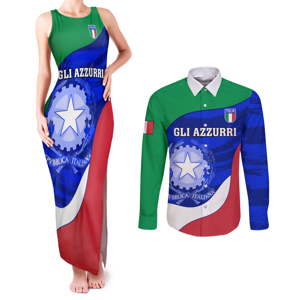 Custom Italy Rugby Couples Matching Tank Maxi Dress and Long Sleeve Button Shirts Forza Azzurri 2023 World Cup - Wonder Print Shop