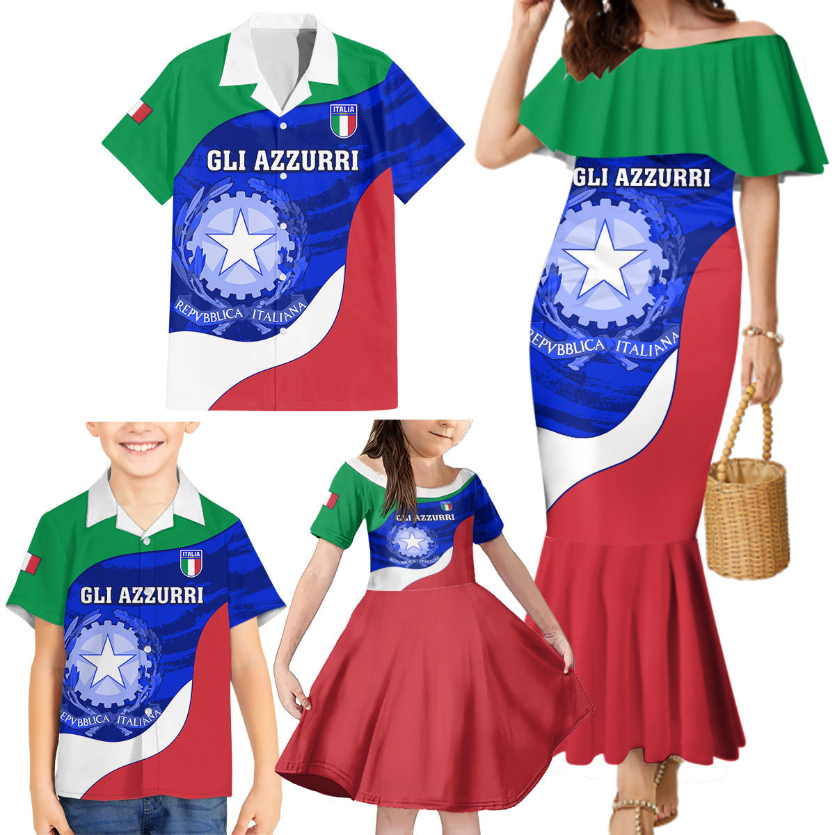 Custom Italy Rugby Family Matching Mermaid Dress and Hawaiian Shirt Forza Azzurri 2023 World Cup - Wonder Print Shop