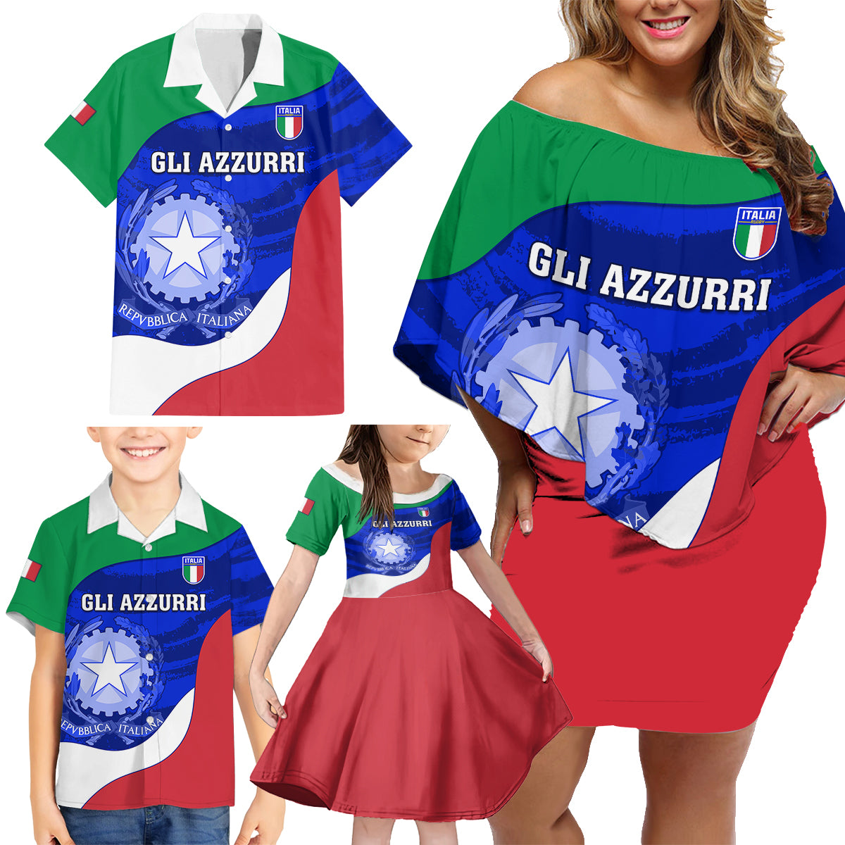 Custom Italy Rugby Family Matching Off Shoulder Short Dress and Hawaiian Shirt Forza Azzurri 2023 World Cup - Wonder Print Shop