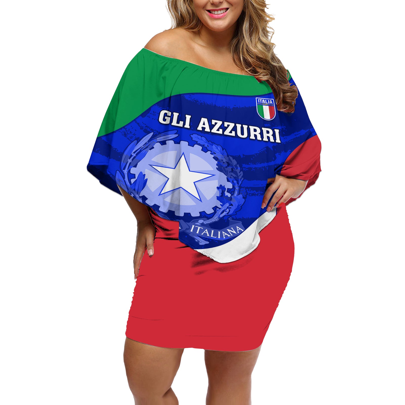 Custom Italy Rugby Off Shoulder Short Dress Forza Azzurri 2023 World Cup - Wonder Print Shop