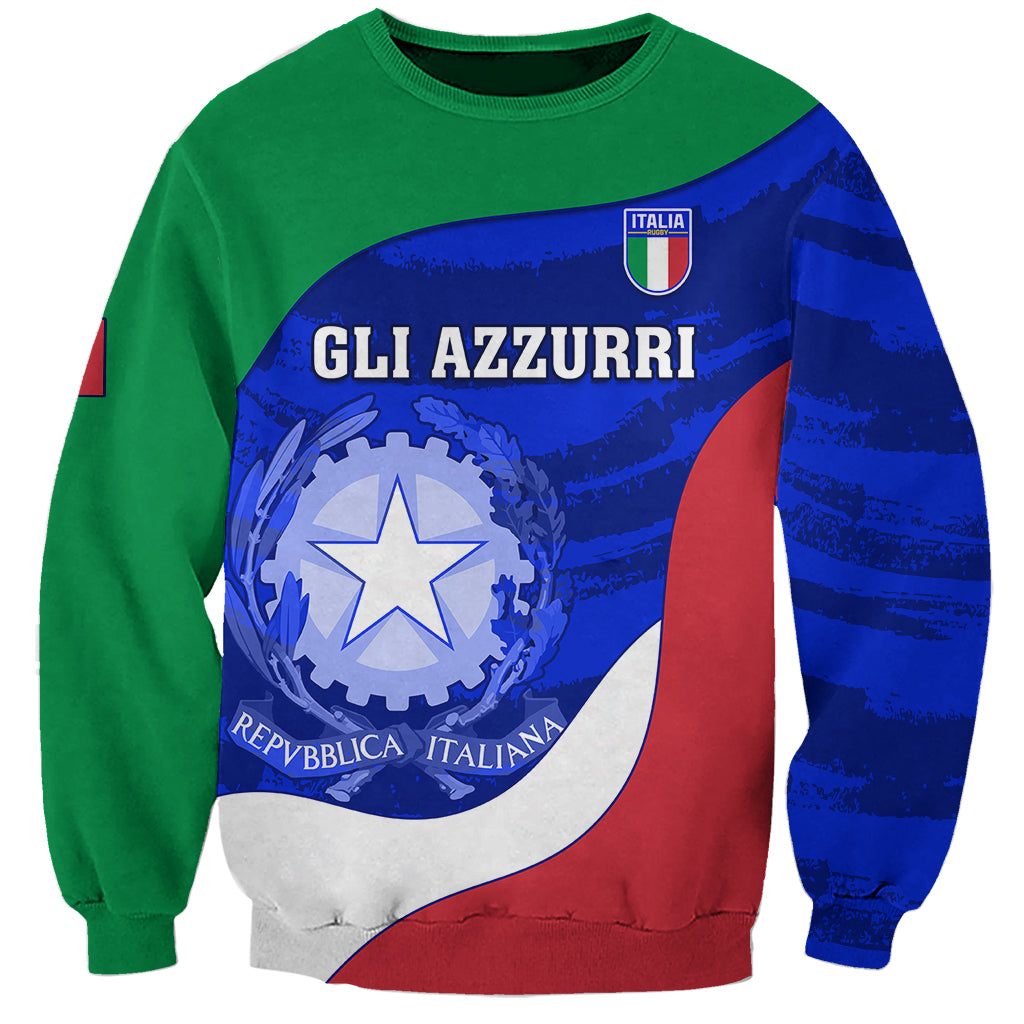 Green rugby sweatshirt with blue and red Italy crest graphic and 'GLI AZZURRI' print