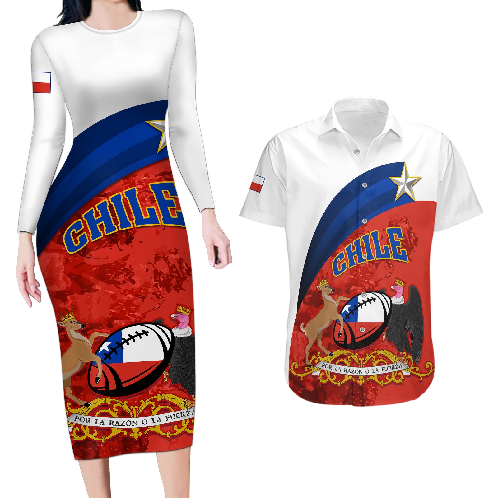 Chile Rugby Couples Matching Long Sleeve Bodycon Dress and Hawaiian Shirt The Condors Go 2023 World Cup - Wonder Print Shop