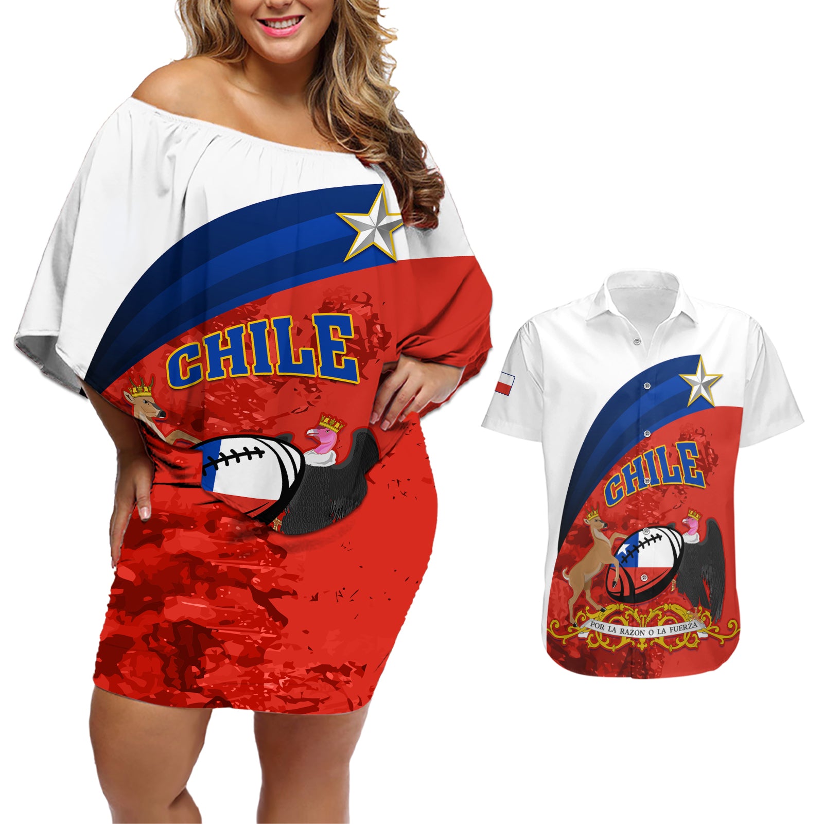 Chile Rugby Couples Matching Off Shoulder Short Dress and Hawaiian Shirt The Condors Go 2023 World Cup - Wonder Print Shop