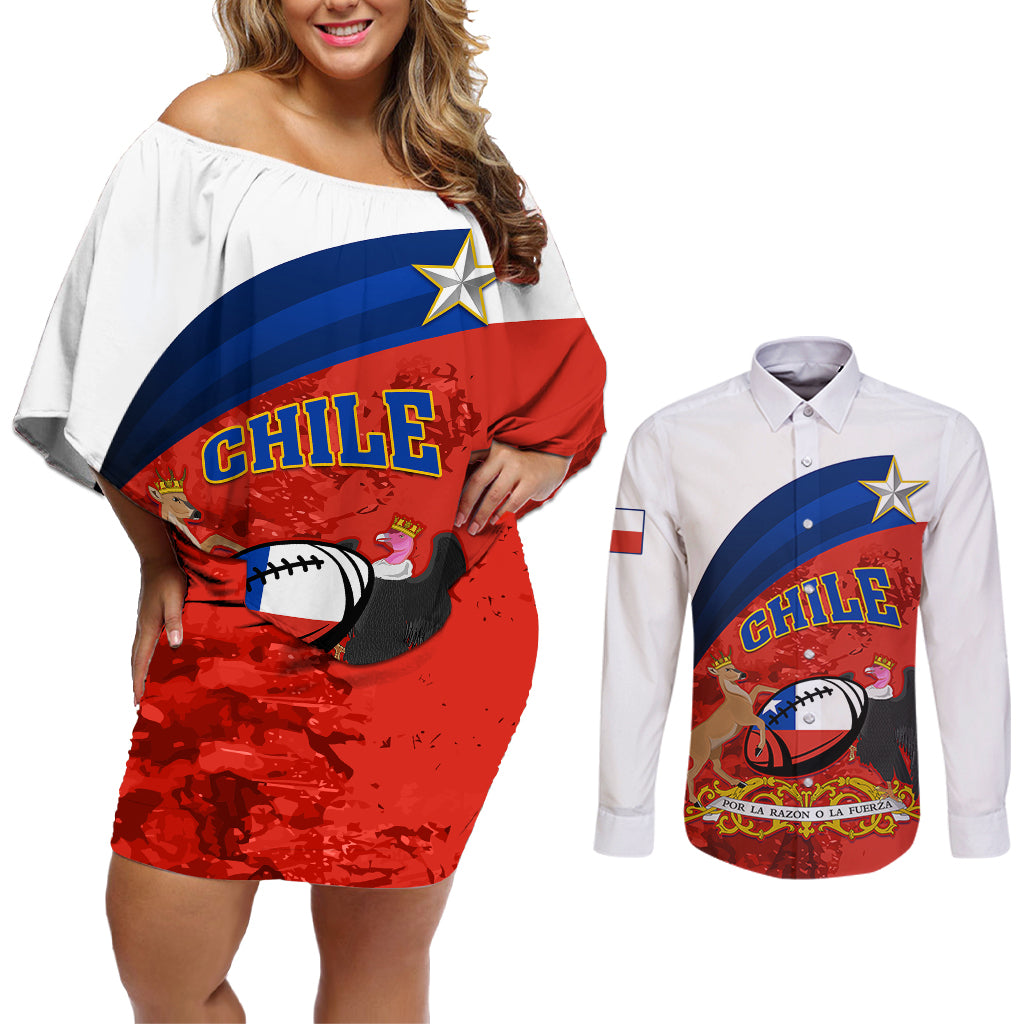 Chile Rugby Couples Matching Off Shoulder Short Dress and Long Sleeve Button Shirts The Condors Go 2023 World Cup - Wonder Print Shop