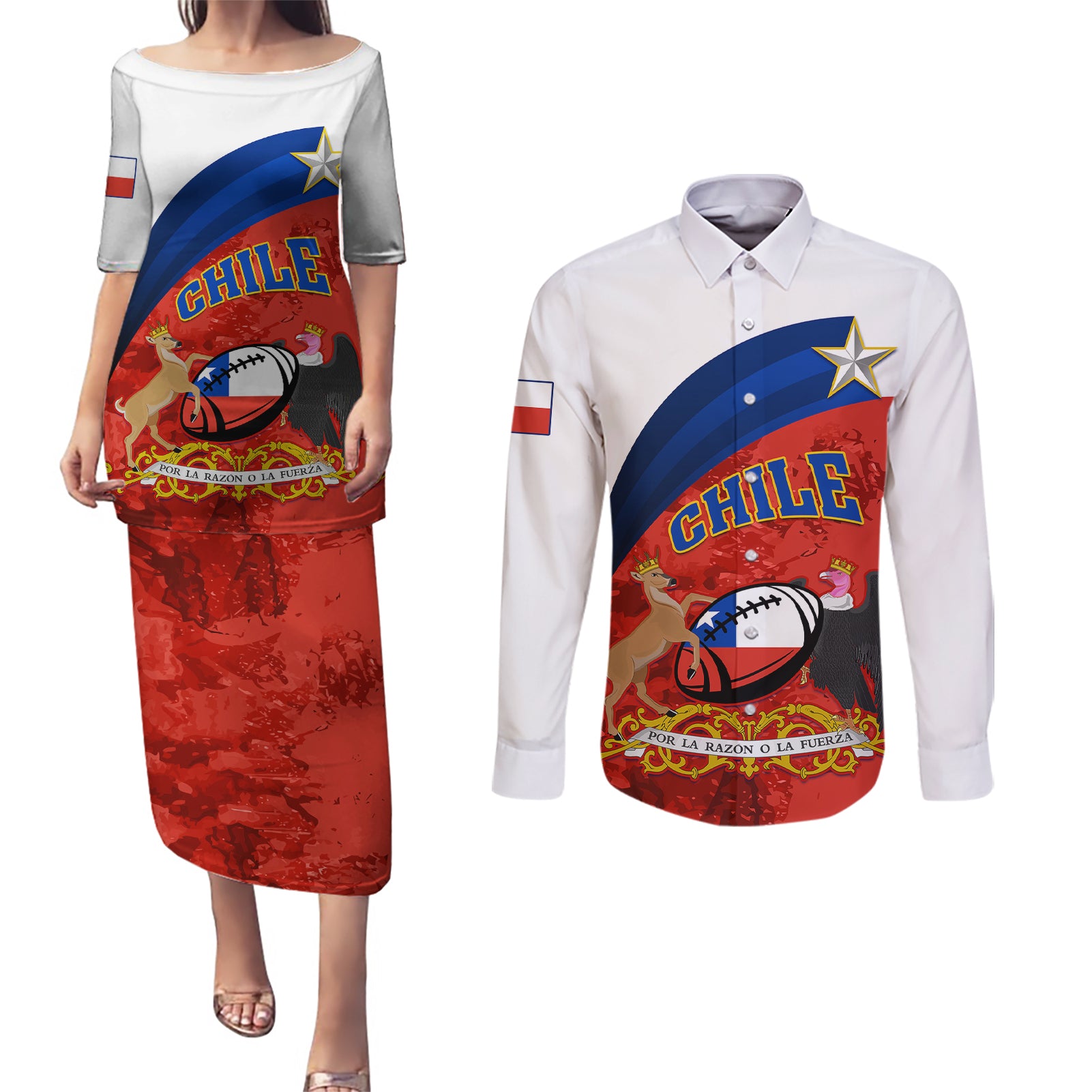 Chile Rugby Couples Matching Puletasi Dress and Long Sleeve Button Shirts The Condors Go 2023 World Cup - Wonder Print Shop