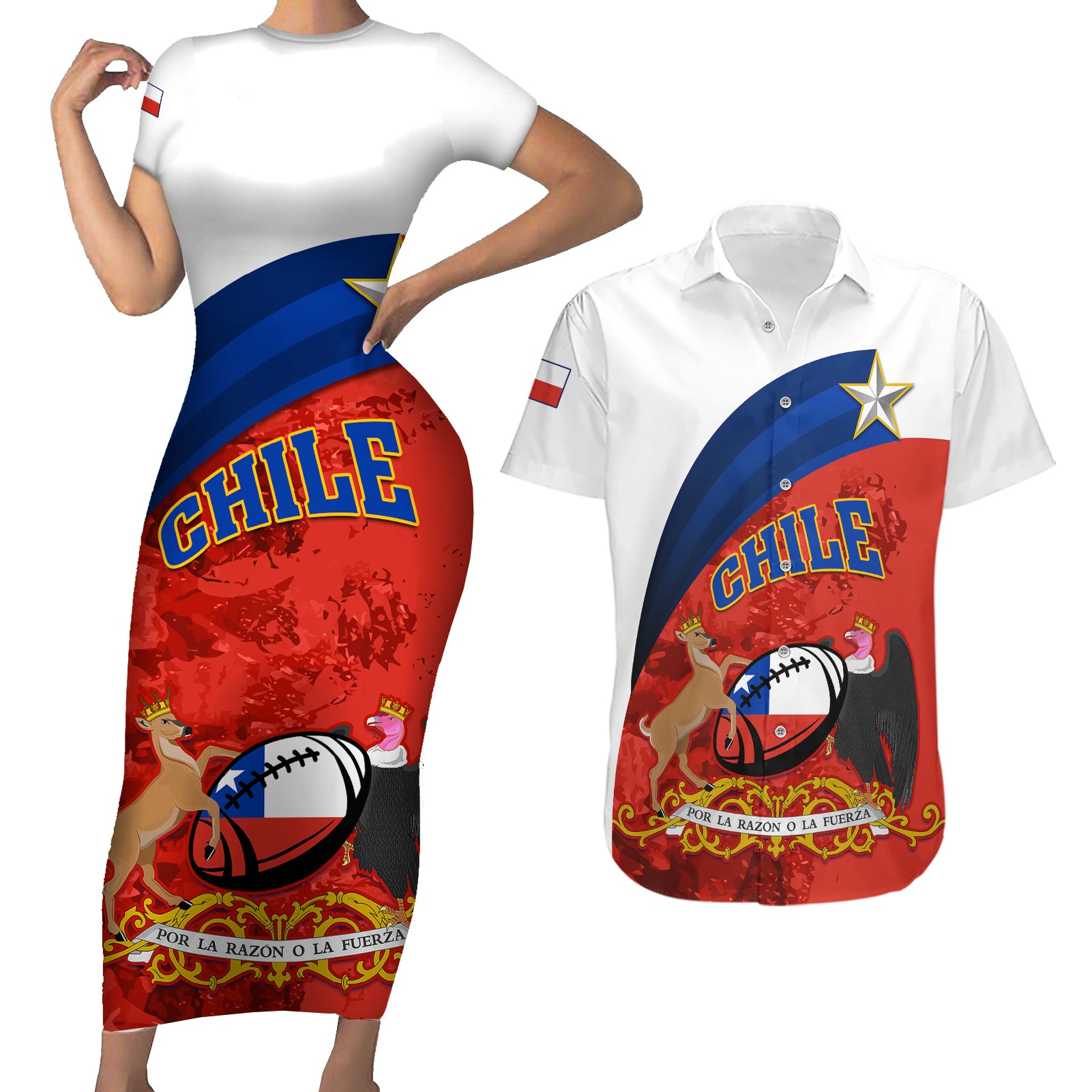 Chile Rugby Couples Matching Short Sleeve Bodycon Dress and Hawaiian Shirt The Condors Go 2023 World Cup - Wonder Print Shop