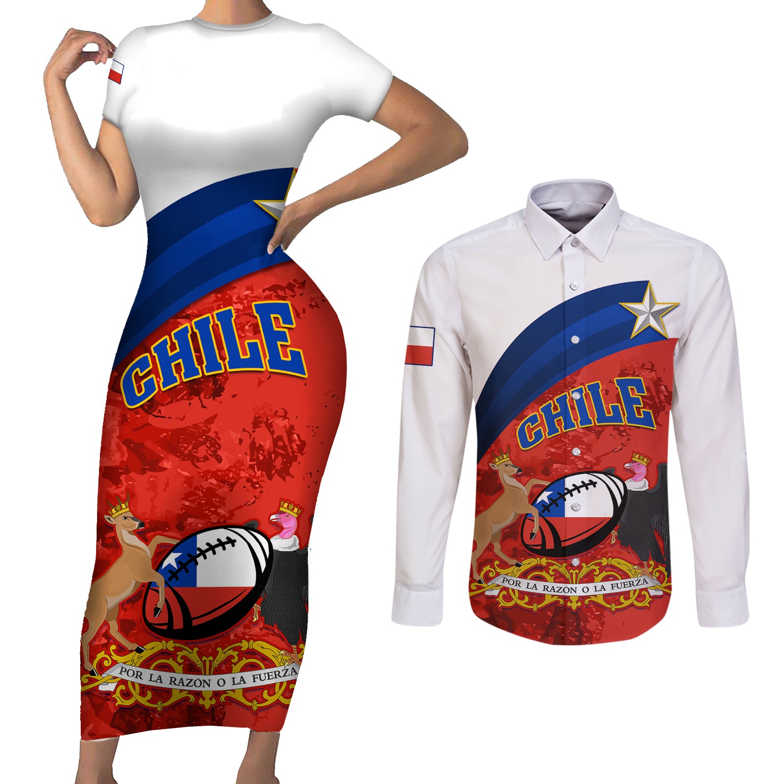 Chile Rugby Couples Matching Short Sleeve Bodycon Dress and Long Sleeve Button Shirts The Condors Go 2023 World Cup - Wonder Print Shop