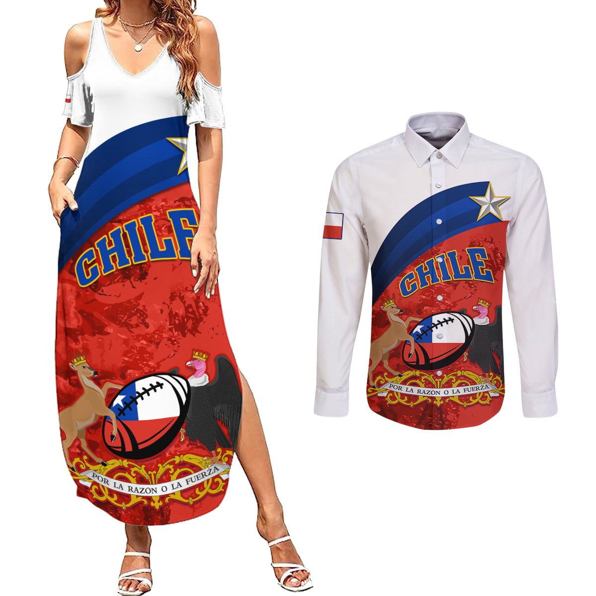 Chile Rugby Couples Matching Summer Maxi Dress and Long Sleeve Button Shirts The Condors Go 2023 World Cup - Wonder Print Shop