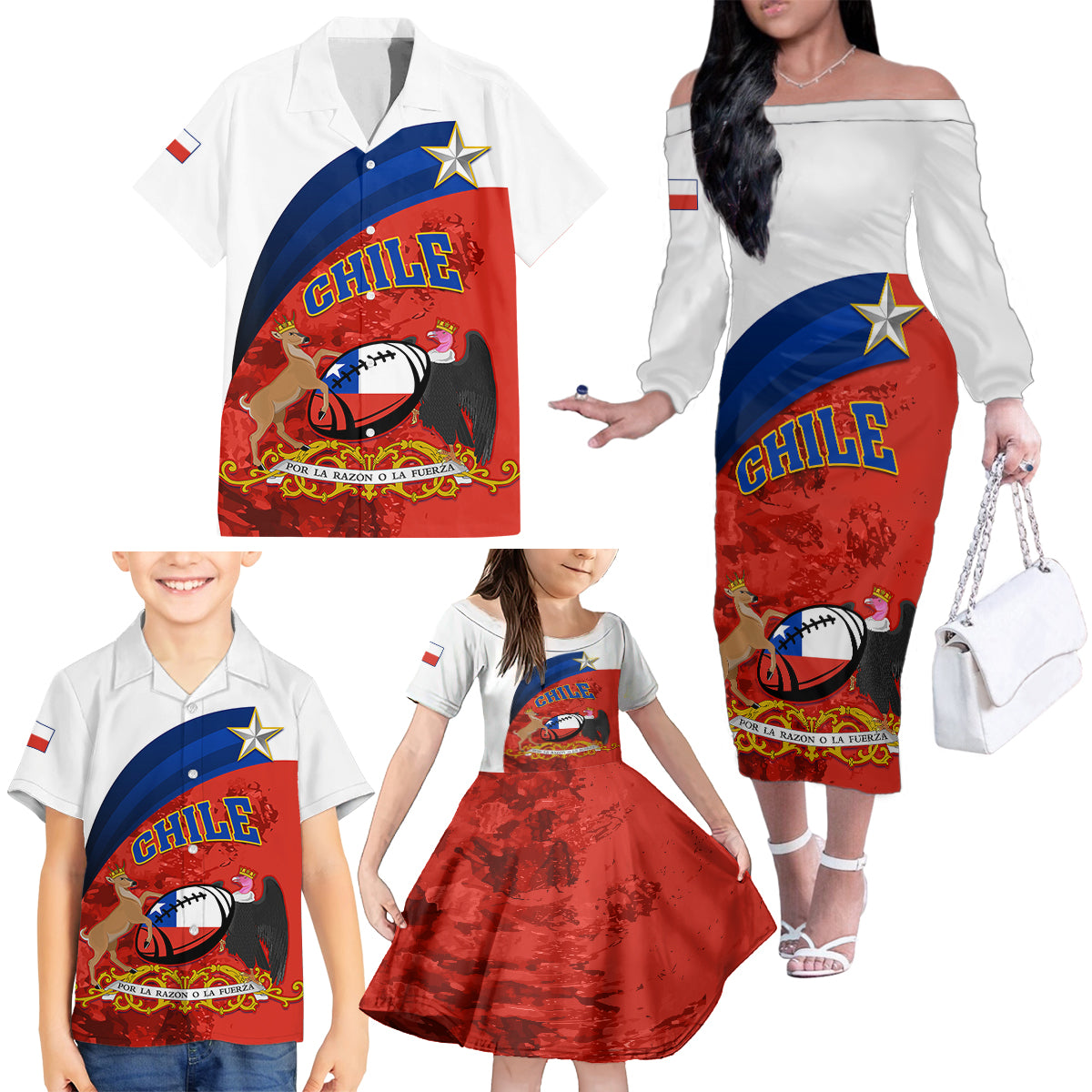 Chile Rugby Family Matching Off Shoulder Long Sleeve Dress and Hawaiian Shirt The Condors Go 2023 World Cup - Wonder Print Shop