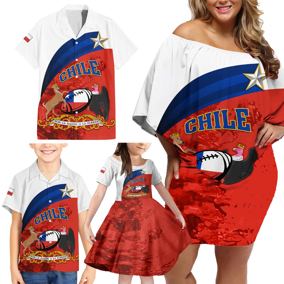 Chile Rugby Family Matching Off Shoulder Short Dress and Hawaiian Shirt The Condors Go 2023 World Cup - Wonder Print Shop