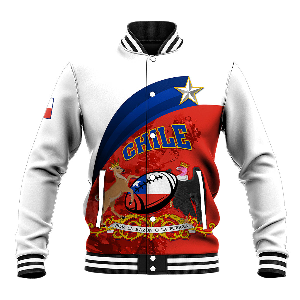 White varsity-style zip baseball jacket with Chile crest graphic, ribbed collar and cuffs