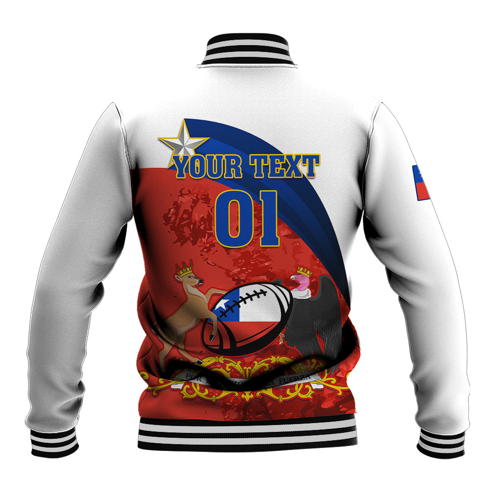 White baseball jacket with bold back graphic, football motif, number 01, striped ribbed hem