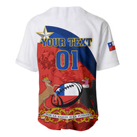 White rugby baseball jersey with "YOUR TEXT 01" graphic, star, football, Chile flag patch