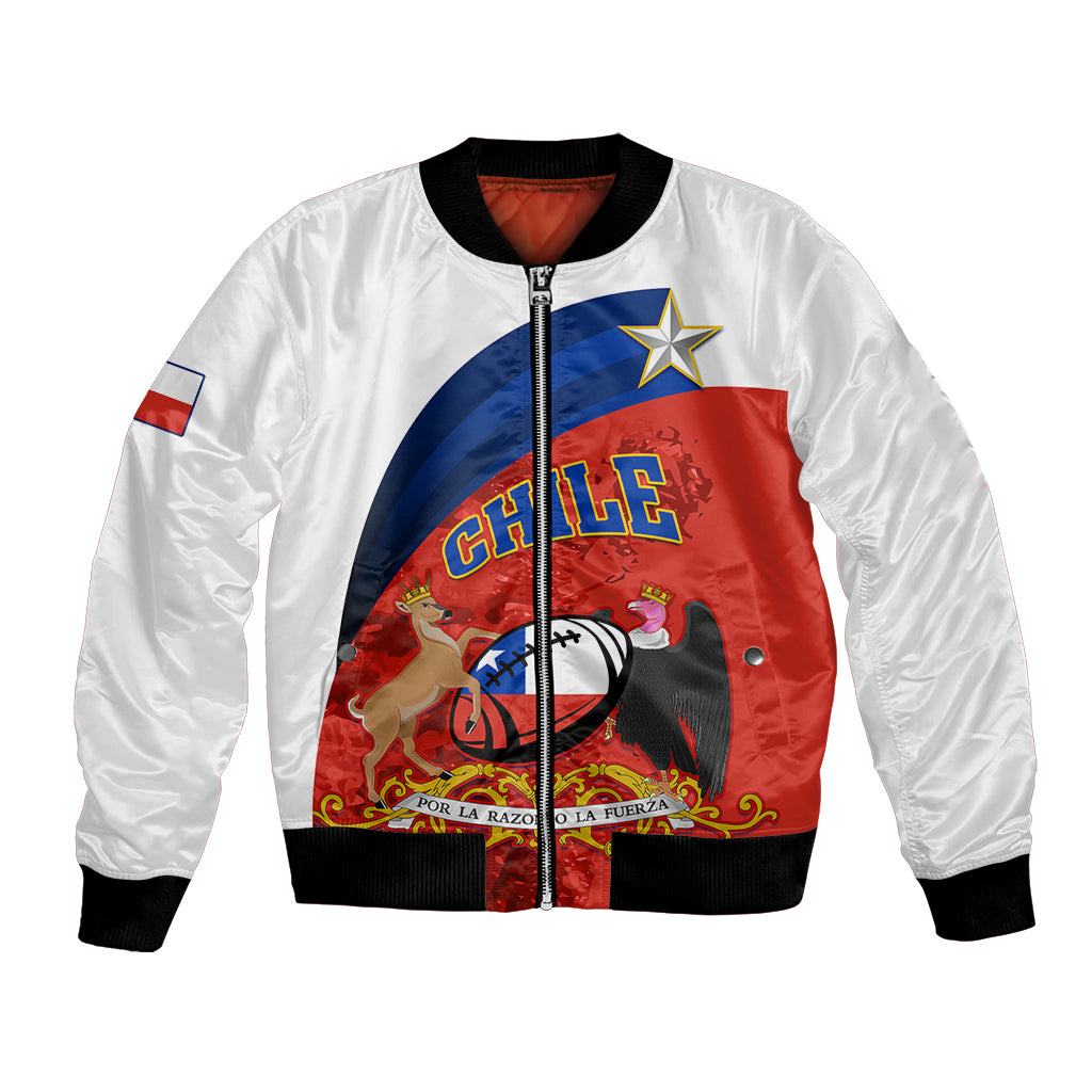 White bomber jacket with full-zip, ribbed trim, Chile flag-style graphic on front