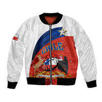 White bomber jacket with full-zip, ribbed trim, Chile flag-style graphic on front