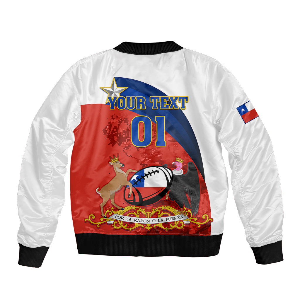 White bomber jacket with ribbed cuffs, zip front, red-blue crest graphic and number 01