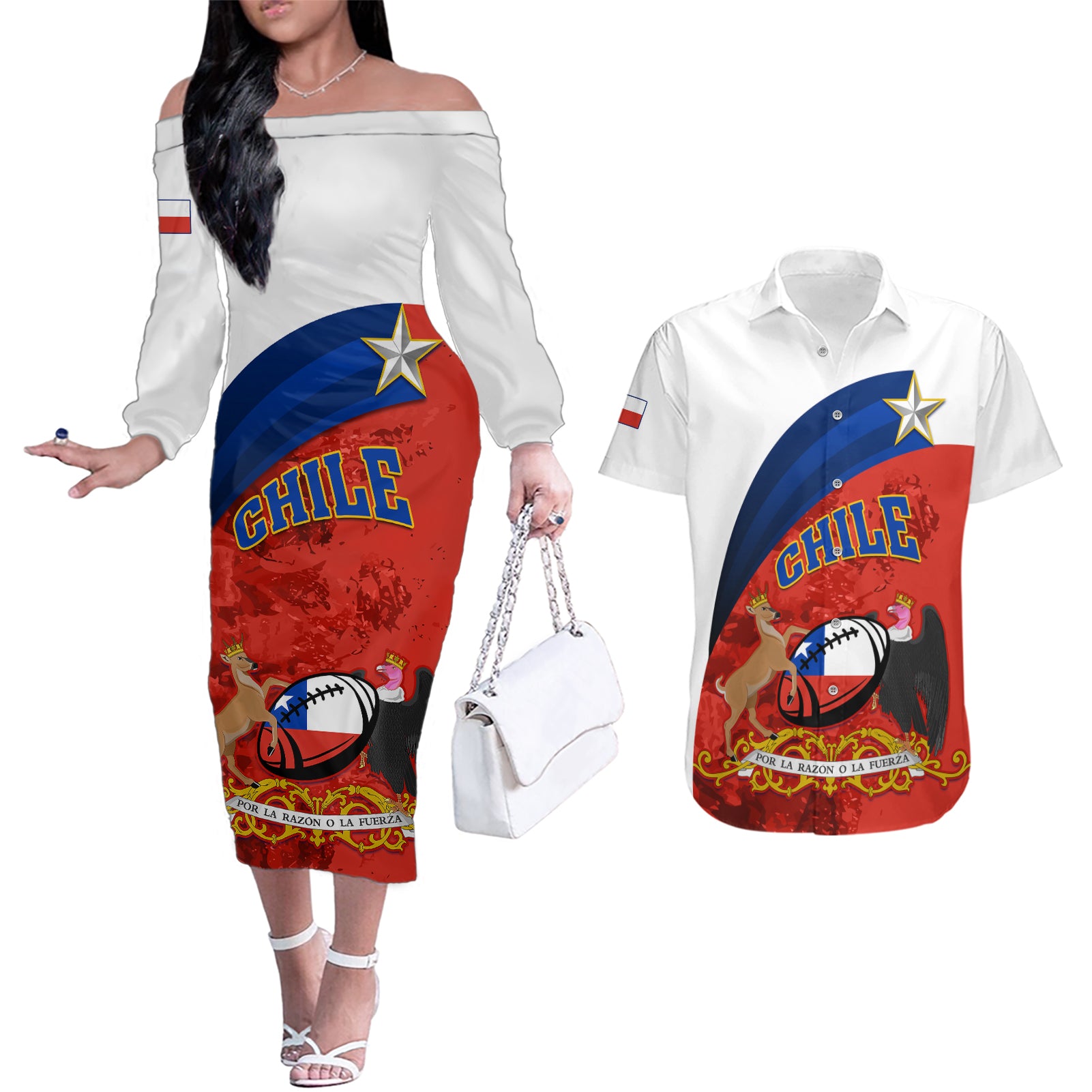 Custom Chile Rugby Couples Matching Off The Shoulder Long Sleeve Dress and Hawaiian Shirt The Condors Go 2023 World Cup - Wonder Print Shop