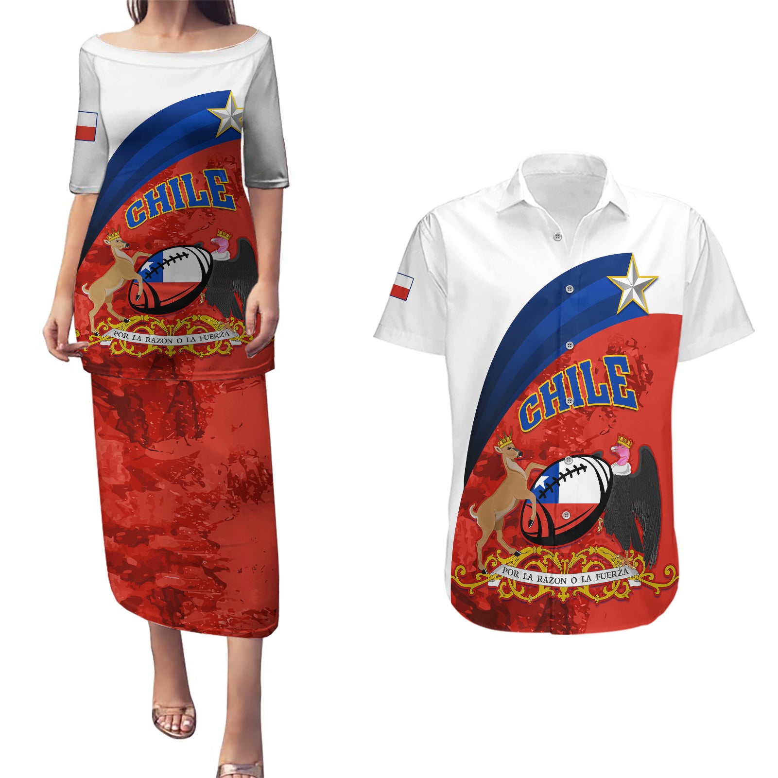 Custom Chile Rugby Couples Matching Puletasi Dress and Hawaiian Shirt The Condors Go 2023 World Cup - Wonder Print Shop