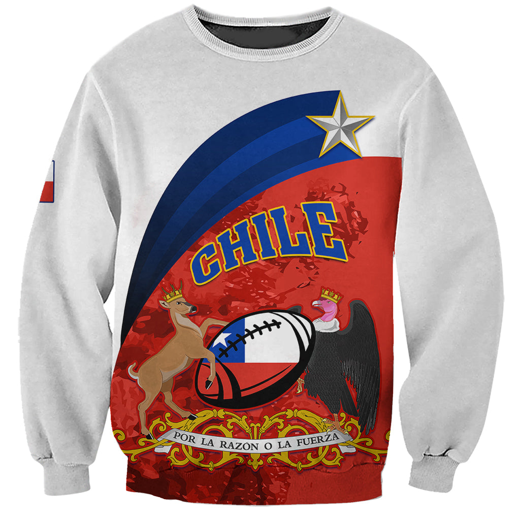 Light gray crewneck rugby sweatshirt with CHILE graphic, football and star patch on front