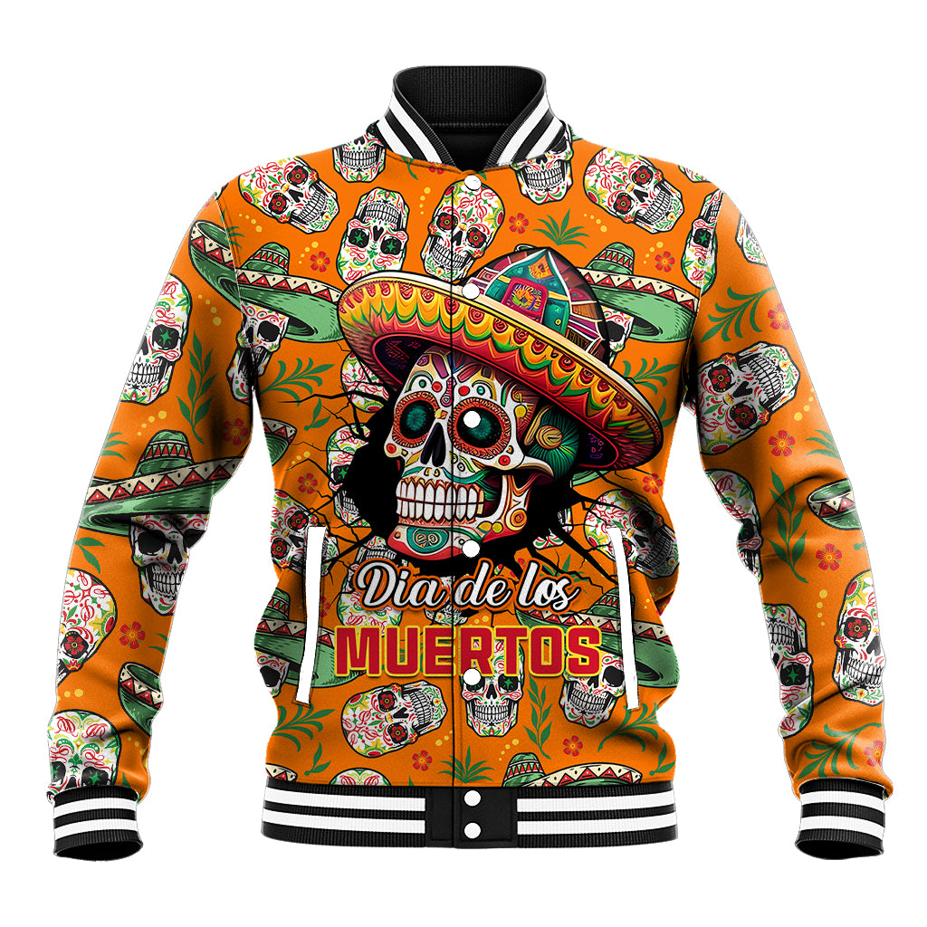 Orange baseball jacket with sugar skull front graphic, striped ribbed collar and cuffs